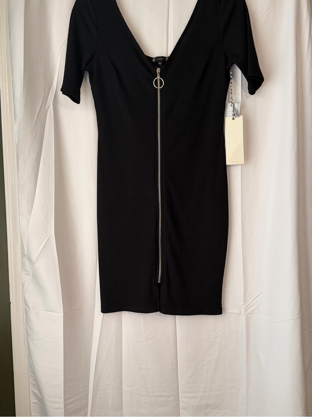 iris Black Ribbed Zip-Front Bodycon Dress